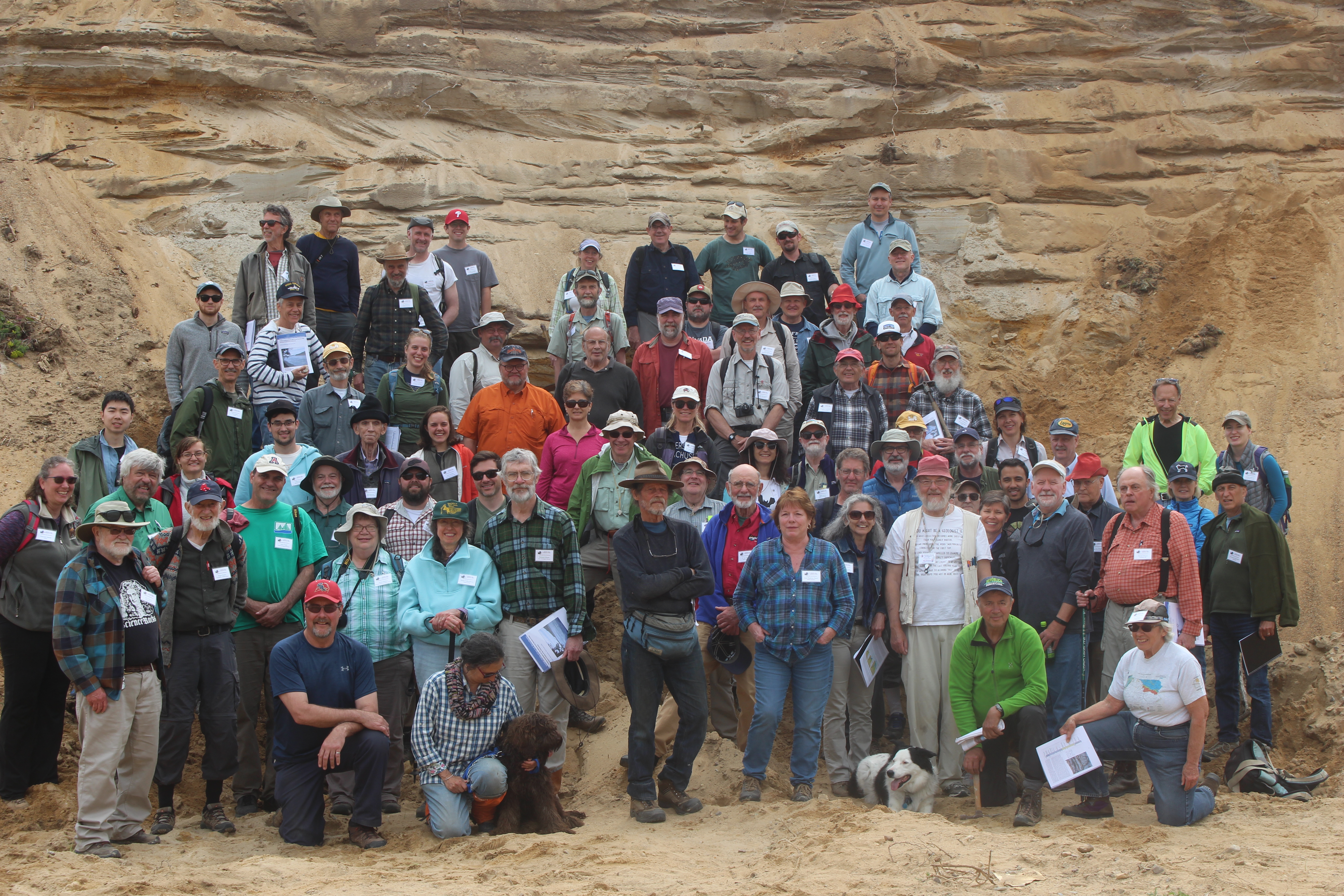 Approximately 85 Friends of the Pleistocene gathered in the gravel pit in the Eastham plain deposits (Stop 11), lower Cape Cod, June 1, 2019